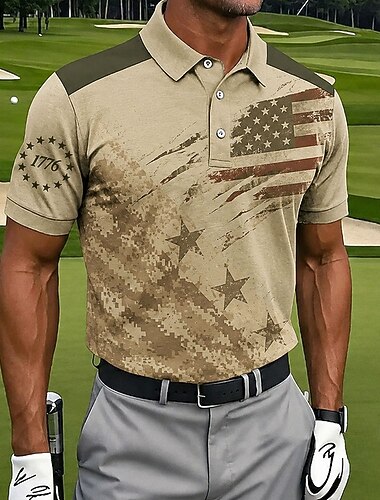  2026 250. Férfi Amerikai US Zászló Golf Sport Polók Rövid Ujjú Polók Galléros Ingek Tavaszi  Nyári Hétköznapi Viselet 3D Nyomtatás Gombok Lélegző Háló Kék Barna