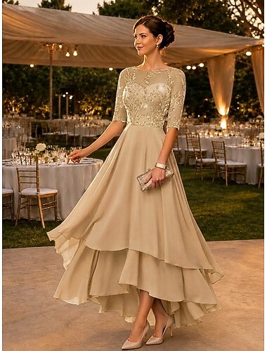  Linea ad A Lunghezza al pavimento Abito in Pizzo Abito da cerimonia per signora Mezza Manica Girocollo Elegante Vintage Brillare & Splendere Formale Ospite di nozze Ricevimento di matrimonio Chiffon