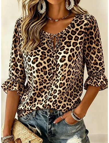  Mulheres Camisa Social Pullover Gráfico Leopardo Boêmia Férias Vintage Manga Longa Gola Redonda Decote V Decote Quadrado Tops regulares Casual Diário Feriado Marron Verão Primavera
