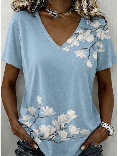  Dame T-shirt Trykt mønster Blomstret Grafisk Planter Årgang Stilfuld Klassisk Kortærmet V-hals Almindelige toppe Afslappet Daglig Blå Orange Sort / Blå Sommer Forår Efterår Vinter