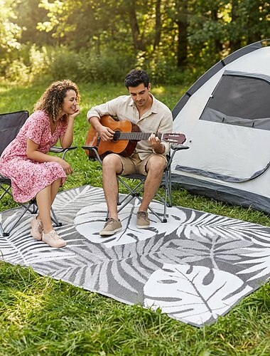 Tapis d'extérieur imperméable 240 x 300 cm, tapis de terrasse pliable en paille plastique à motifs géométriques festonnés, tapis d'extérieur pour camping-car, terrasse, porche, balcon, jardin,