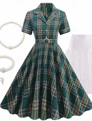 Conjunto Anos 50 Retro Vintage Longuette Vestidos Anágua Conjunto de acessórios com acessórios Xadrez / Guingão Justo & Evasê Fantasia Mulheres Baile de Máscaras Renascimento Festa de Chá Adulto