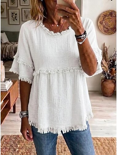 Mulheres Camisa Social camisa Boho Camisa casual Côr Sólida Elegante Boêmia Ativo Manga Curta Tops longos Casual Diário Feriado Azul Preto Branco Rosa Verde Verão Primavera