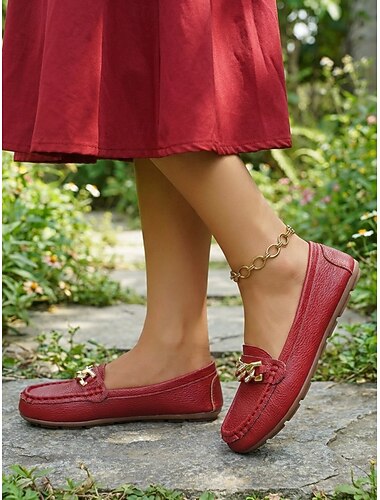  Rote Damen-Loafer mit goldener Kettenschnalle – bequeme Mokassins zum Hineinschlüpfen, lässige, runde Ballerinas für Büro und Alltag &Business-Casual-Kleidung
