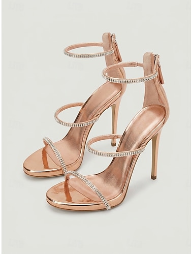  Champagnekleurige, gouden sandalen met bandjes en hoge hakken voor dames - elegante schoenen voor een cocktailparty.