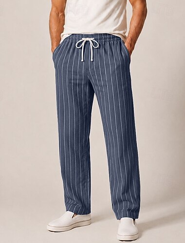 pantaloni da uomo a righe in lino con elastico in vita e coulisse