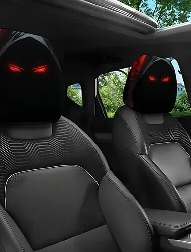  2/4/6 Stück Auto-Kopfstützenbezüge mit rotem Augen- und Kapuzenmotiv, schwarzer Schatten-Energieabwehrdruck, universell passend für den Fahrzeuginnenraum, Sitzschoner, geeignet für Reisen/tägliches