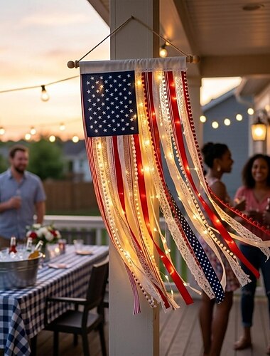  Striscione luminoso con bandiera americana, 120 x 70 cm, striscione luminoso con bandiera americana, ghirlanda retrò con bandiere americane per il giorno dell'indipendenza, ideale per decorazioni esterne in giardino, cortile, casa e feste (1 pezzo)