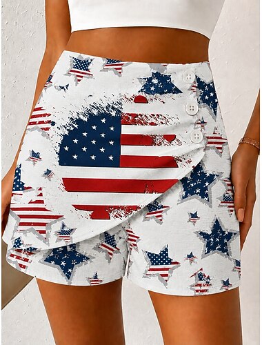  amerikanska självständighetsdagen dam chinos shorts semester vintage casual korta höga midjebyxor grafisk flagga amerikansk flagga veckade lager på lager oelastiska dagligen utomhus semester