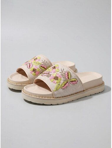  Beige damesandaler med blomsterbroderi – myk demping &Sklisikre sommertøfler med perler til strand, ferie, fritidsbruk, hjemmebruk og hverdagsbruk