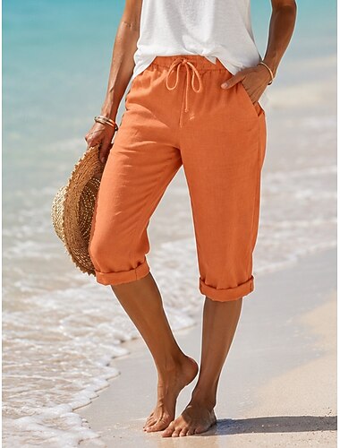  Damen Shorts aus Baumwollleinen Caprihose Chinos Sommershorts Urlaub Streetwear Lässig Knielang Mittlere Taillenlinie Einfach Kordelzug Tasche Bequem Atmungsaktiv Unelastisch Täglich Outdoor Straße