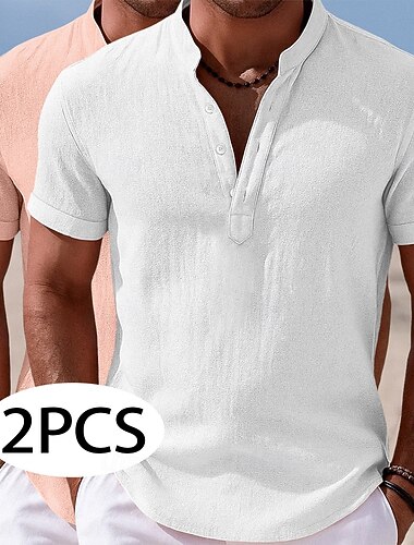  Hommes Chemise Chemise en lin Chemise popover Chemise d'été Tenue de plage Chemise à col officier Uni Occasionnel Quotidien Vert + Gris Blanc + Rose Noir + Bleu Marine Vert + Kaki Manche Courte Henley