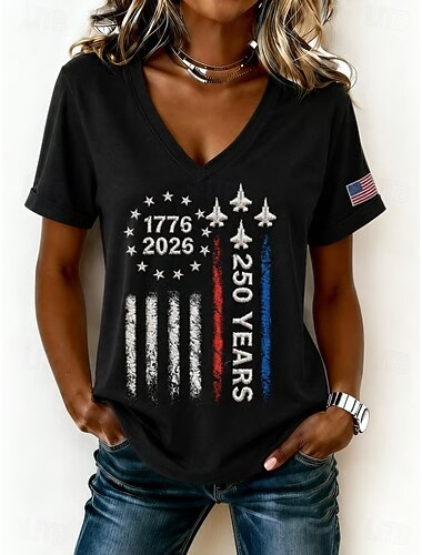  Jour de l'Indépendance Américaine Femmes T-shirt Imprimé Graphique Lettre Drapeau Américain ancien Élégant Classique Manche Courte Col en V Hauts Réguliers Occasionnel Quotidien Noir Rouge Ét