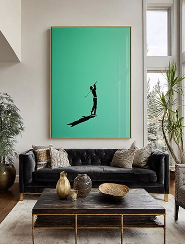  Pintura al óleo minimalista pintada a mano de un golfista, paisaje verde moderno sobre lienzo, arte mural deportivo contemporáneo, arte abstracto de campo de golf, decoración de oficina de lujo