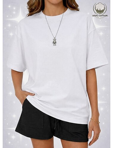  Kvinnors 100% bomull oversized T-shirt t-shirt enfärgad mode klassisk avslappnad kortärmad rund hals regular toppar dagligt sport utgång salvia grön svart vit gul rosa sommar vår