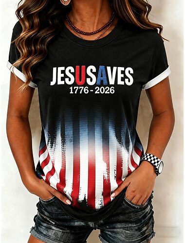  Amerikanischer Unabhängigkeitstag Damen T Shirt Druck Grafik Flagge Buchstabe Vintage Mode Stilvoll Kurzarm Rundhalsausschnitt Rundhals Lange Oberteile Lässig Täglich Wochenende Blau Weiß Rot / Blau