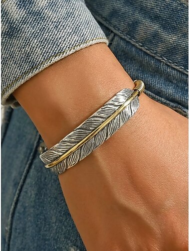  Bracciale rigido vintage da donna con piume, bracciale aperto regolabile, gioielli in lega argento e oro, bracciale in stile boho western, accessorio ispirato alla natura, regalo per donne, ideale per
