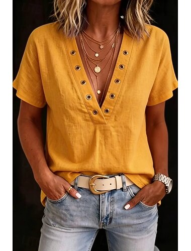  Damskie Koszula Koszula Boho Jednokolorowe Równina Elegancja Urlop Codzienny Krótki rękaw W serek Crop Topy Codzienny Niebieski Khaki Biały Żółty Rumiany róż Lato Wiosna
