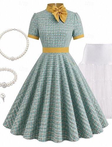  Conjunto Anos 50 Retro Vintage Rockabilly Meio-dia Longuette Vestidos Anágua Vestido swing com acessórios Laço Xadrez / Guingão Justo & Evasê Fantasia Mulheres Carnaval Dia dos namorados Renascimento