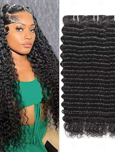  3 bundels Haar weeft Braziliaans haar Gekruld Diepe Golf Extensies van menselijk haar Echt haar Extentions van mensenhaar 8-30 inch(es) Zwart Natuurlijke Kleur Dik Voor donkere huidskleur kleur