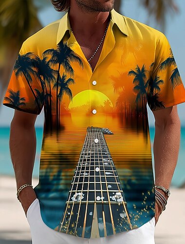  Homme Guitare Instrument de musique Cocotier Chemise Chemise d'été Chemises tropicales Manche Courte Hawaïen Vintage Rétro Festival de Musique Vacances à la Plage Été Printemps Col Rabattu Impression