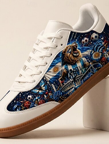  Heren Blauwe Leeuw Voetbal Print Lage Sneakers Veterschoenen Casual Voetbalfan Schoenen Lichtgewicht Gum Zool Fashion Trainers voor Mannen Wedstrijden Fan Feesten Sportevenementen en Dagelijks Gebruik