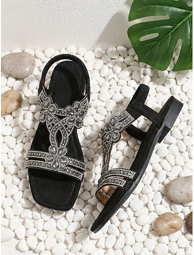  Sandali da donna neri con strass scintillanti - eleganti sandali piatti con decorazioni floreali e perline, con cinturino elastico alla caviglia, perfetti per vacanze all'aperto e feste in spiaggia.