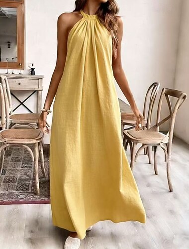  Mujer Vestido maxi Vestido de verano Vestido de una línea Casual Boho Diario Cumpleaños Festivos Plano Sin Mangas Cuello halter Negro Amarillo Verde Claro Púrpula Claro Verano Primavera
