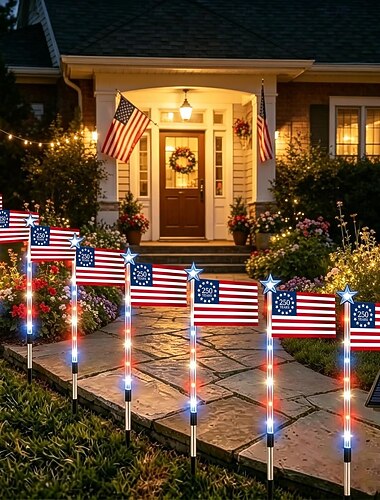  Da 1 a 8 luci solari da vialetto a forma di bandiera americana, luci LED impermeabili da esterno rosse, bianche e blu con 8 modalità, decorazioni per il 4 luglio e il Memorial Day. &giardino del