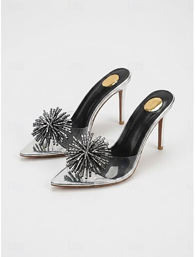  Scarpe con tacco alto argentate da donna - mules trasparenti in PVC a punta con pompon di cristallo per cocktail party, serate di gala &cena fuori sera