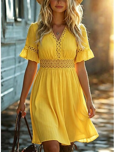  Per donna Abito al ginocchio Abito Boho Abito in Pizzo Abito Estivo Elegante Moda Spiaggia Vacanza Vestibilità regolare Semplice Manica Corta Scollo a V Bianco Giallo Rosso Azzurro Estate Primavera