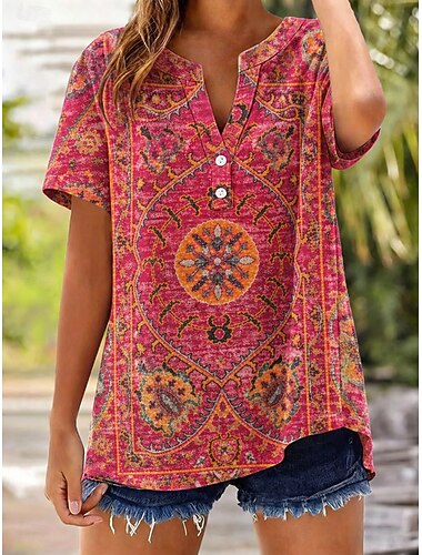  Damen Hemd Knöpfe Druck Grafik Geometrie Stilvoll Klassisch Lässig Kurzarm V Ausschnitt Lange Oberteile Lässig Täglich Ausgehen Blau Rote Orange Sommer Frühling