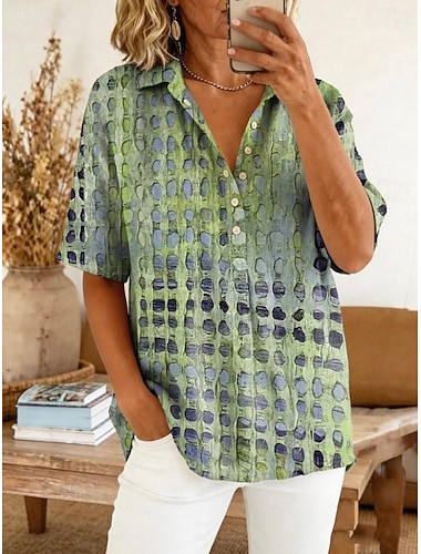  Dames Overhemd Grafisch Geometrisch kunst Vintage Stijlvol Korte mouw Normale tops Casual Dagelijks Feestdagen blauw Grijs-Groen Rood Paars Groen Zomer Lente