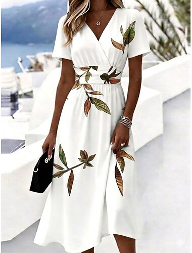  Mulheres Vestido midi Vestido A Line Férias Casual Boho Normal Floral Gráfico Manga Curta Decote V Azul Branco Rosa Bege Verão Primavera