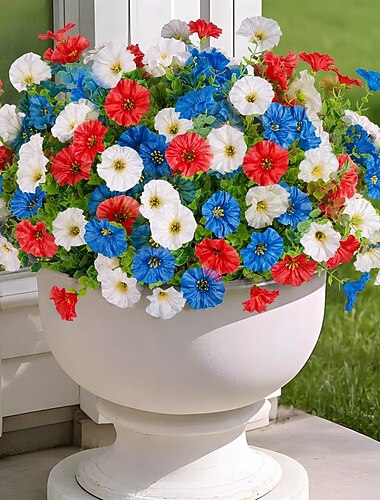  12 bosjes kunstbloemen voor de 250e verjaardag van de Amerikaanse Onafhankelijkheidsdag, neppe plastic petunia's, nep rood-wit-blauwe zijden windbloemen voor buiten, tuin, veranda, enz.