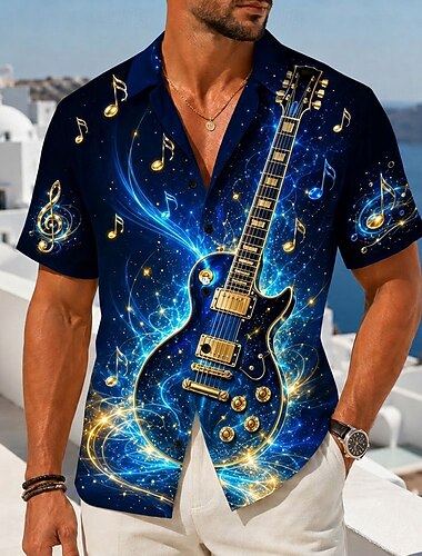  Voor heren Muziek Gitaar Muziekinstrument Overhemd Overhemd met knopen Kampshirt Korte mouw Vintage Retro Dagelijks muziekfestival Feestdagen Zomer Lente Cubaanse kraag 3D-afdrukken blauw Geel Rood