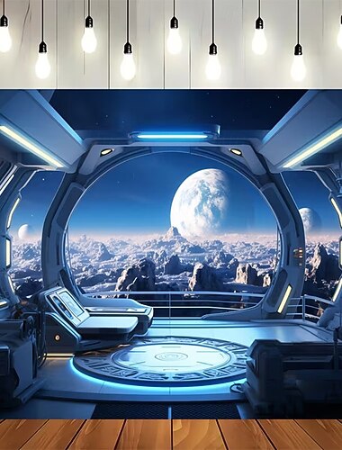  Wandteppich mit Raumstationsfenster, Science-Fiction-Galaxie-Planetenlandschaft als Wandbehang für Schlafzimmer, Studentenwohnheim oder Wohnzimmer