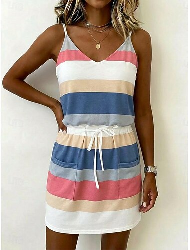  Per donna Mini abito Vestito Casual Abito a righe Abito gilet Elegante Moda Quotidiano Vacanza Vestibilità regolare A righe Senza Maniche Spalline sottili Giallo Rosa Blu marino Verde scuro Estate