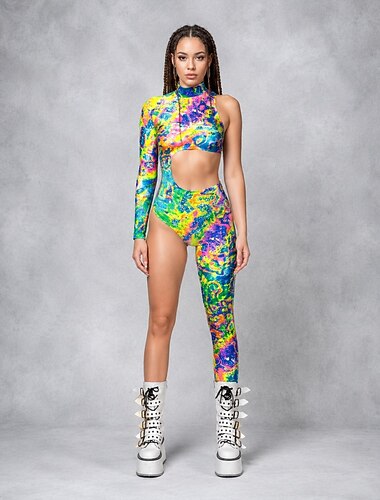  combinaison Costume grenouillère Impression Découpé Femmes Neon Asymétrique Rave Graphique Abstrait Costume pour Festival de Musique Soirée Boîte de Nuit Halloween Carnaval Adulte