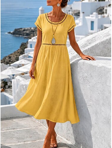  Mulheres Vestido midi Vestido casual Vestido de verão Básico Clássico Diário Férias Ajuste Largo Tecido Manga Curta Gola Redonda Branco Amarelo Rosa Azul Céu Verão Primavera