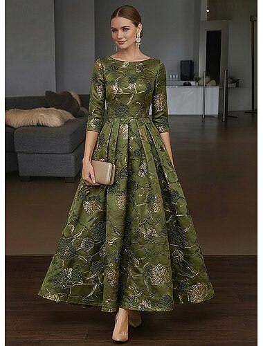  A-Linie Knöchellänge Abendkleid Cocktailkleider Elegant Formell / Schwarze Krawatte Dreiviertelarm U-Boot-Ausschnitt Hochzeit Formell Jacquard mit Falten