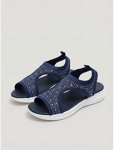  djupblå sportiga sandaler med strass för kvinnor - stickade slip-on-sandaler, bekväma halkfria skor för sommarens dagliga bruk, promenader, resor &utomhusaktiviteter