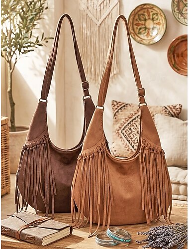 Boho-Hobo-Tasche für Damen aus Kunstwildleder mit Fransen – geräumige Schultertasche mit Quasten in verschiedenen Farben, ideal für Musikfestivals und Strandurlaube &Alltagskleidung, Hippie-Stil,