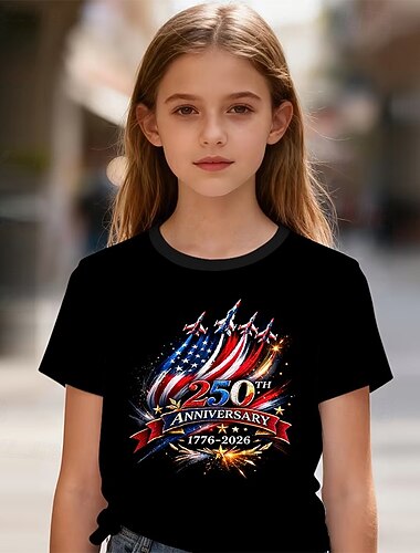  Coton Fête de l'Indépendance américaine Enfants Fille Noir Rouge imprimé T-shirt Chemisier Col Rond Manche Courte Occasionnel Quotidien Extérieur Occasionnel Graphique Été