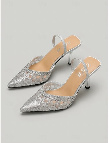  Dameshoge hakken van zilverkleurig meshweefsel - modieuze slingbacks met spitse neus voor feestjes en avondkleding.