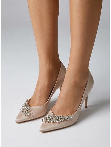  Dames pumps met satijnen strasssteentjes en hoge hakken - elegante pumps met spitse neus voor gasten op een tuinbruiloft