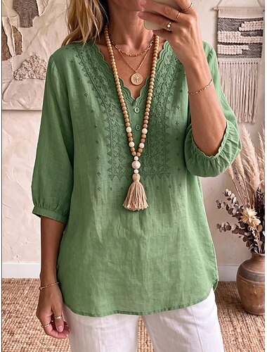  Dame Skjorte Boho skjorte Blondeskjorte Blomstret Elegant Bohem Ferie V-hals Lange topper Avslappet Daglig Ferie Kakifarget Svart Hvit Grønn Sommer Vår