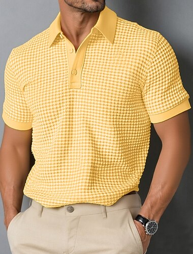  Per uomo Magliette Polo a Nido d'Ape Testurizzato Casuale Ferie Bavero Manica Corta Moda Essenziale Semplice Bottoni Morbido Estate Primavera Giallo Magliette Polo a Nido d'Ape