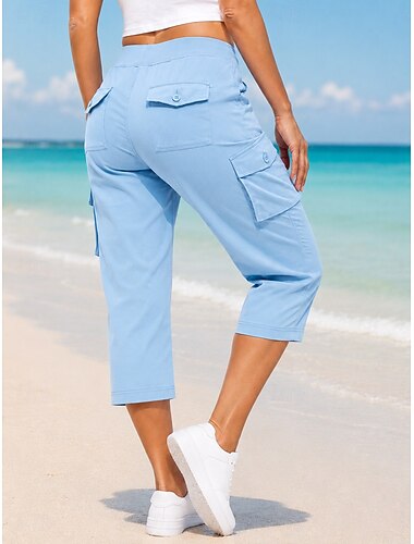  Dames Capri broeken Cargohosen Elegant Sport Capris Middelhoge taille Effen Kleur Effen Zak Sneldrogend Voor buiten Inelastisch Buiten Reizen Vakantie Zwart Wit Donker Marineblauw Hemelsblauw Zomer