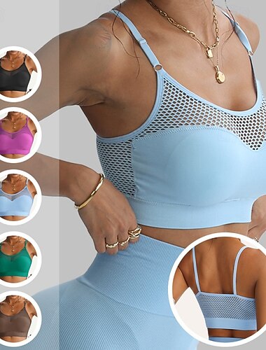  Mulheres Sutiã de ioga Sutiã Pilates Sutiã Esportivo Roupa-Interior Flexão Sem costura Antivibração Com Transparência Sem Fio Côr Sólida Esporte Roupas Esportivas Azul Preto Academia Corrida Zumba